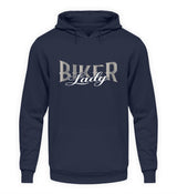 Ein Biker Hoodie für Motorradfahrerinnen von Wingbikers mit dem Aufdruck, Biker Lady, in navy blau, leger geschnitten. 