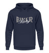 Ein Biker Hoodie für Motorradfahrerinnen von Wingbikers mit dem Aufdruck, Biker Lady, in navy blau, leger geschnitten. 