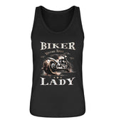 Ein Tanktop für Motorradfahrerinnen von Wingbikers mit dem Aufdruck, Biker Lady - mit einer Chopper im vintage Stil, in schwarz.