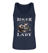 Ein Tanktop für Motorradfahrerinnen von Wingbikers mit dem Aufdruck, Biker Lady - mit einer Chopper im vintage Stil, in navy blau.