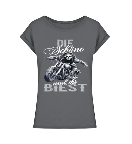 Ein Bikerin T-Shirt für Motorradfahrerinnen von Wingbikers mit dem Aufdruck, Die Schöne und ihr Biest - leger geschnitten, in dunkelgrau.