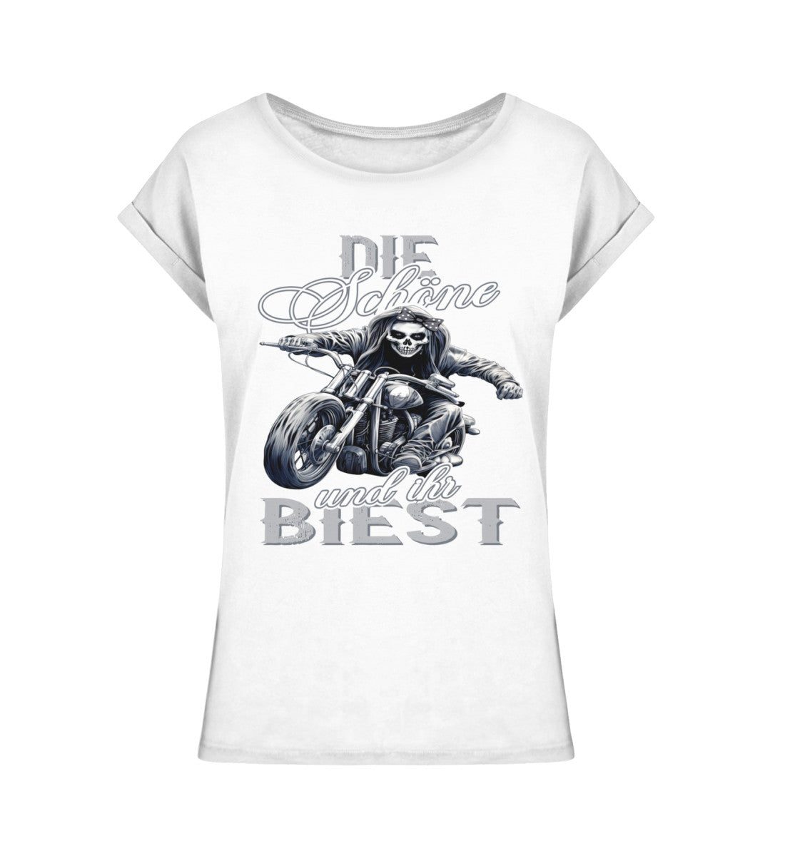 Ein Bikerin T-Shirt für Motorradfahrerinnen von Wingbikers mit dem Aufdruck, Die Schöne und ihr Biest - leger geschnitten, in weiß.