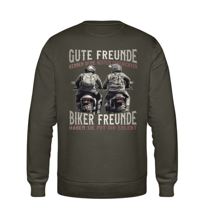 Ein Sweatshirt für Motorradfahrer von Wingbikers mit dem Aufdruck, Gute Freunde kenne deine Geschichten - Biker haben sie mit dir erlebt, in khaki grün. 