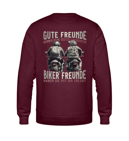 Ein Sweatshirt für Motorradfahrer von Wingbikers mit dem Aufdruck, Gute Freunde kenne deine Geschichten - Biker haben sie mit dir erlebt, in burgunder weinrot.