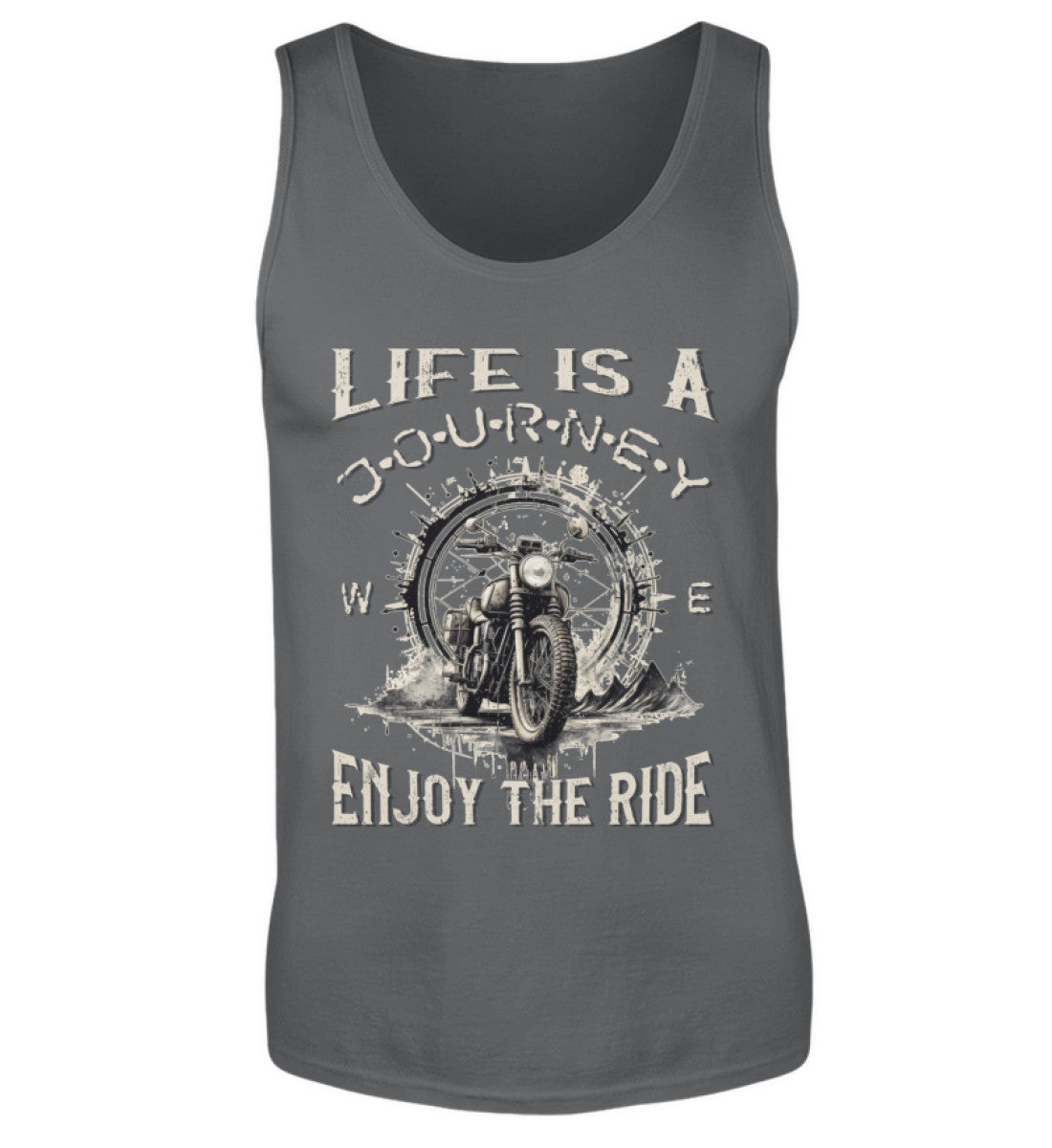 Ein Tanktop für Motorradfahrer von Wingbikers mit dem Aufdruck, Life Is A Journey - Enjoy The Ride, in dunkelgrau.
