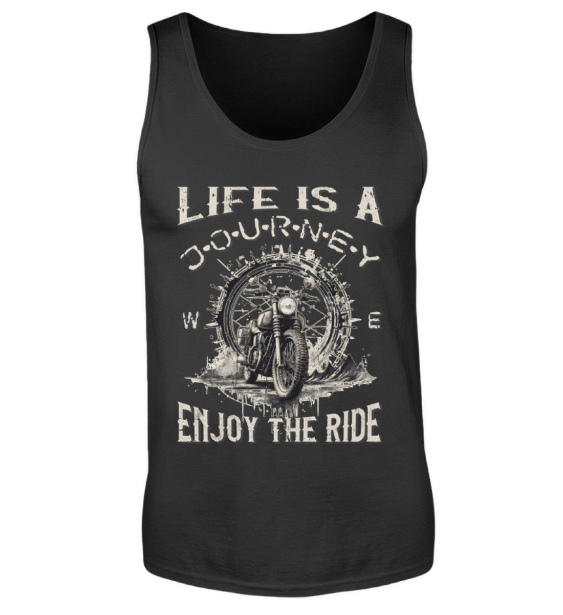 Ein Tanktop für Motorradfahrer von Wingbikers mit dem Aufdruck, Life Is A Journey - Enjoy The Ride, in schwarz.