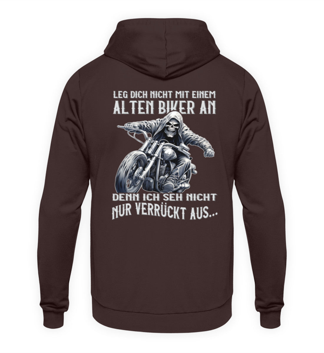 Ein Biker Hoodie für Motorradfahrer von Wingbikers mit dem Aufdruck, Leg dich nicht mit einem alten Biker an, denn ich seh nicht nur verrückt aus, als Back Print - in braun.