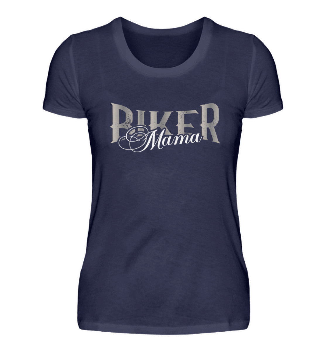 Ein T-Shirt für Motorradfahrerende Mütter von Wingbikers mit dem Aufdruck, Biker Mama, in navy blau.