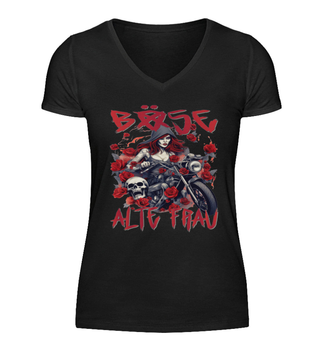 Ein T-Shirt mit V-Ausschnitt für Motorradfahrerinnen von Wingbikers mit dem Aufdruck, Böse Alte Frau, in schwarz.