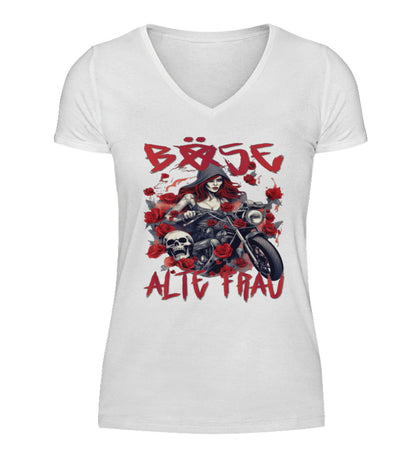Ein T-Shirt mit V-Ausschnitt für Motorradfahrerinnen von Wingbikers mit dem Aufdruck, Böse Alte Frau, in weiß.