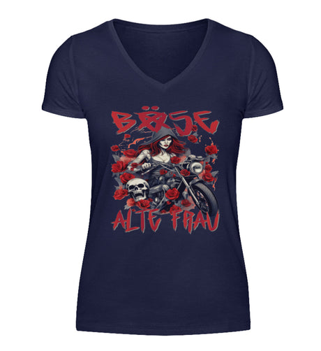 Ein T-Shirt mit V-Ausschnitt für Motorradfahrerinnen von Wingbikers mit dem Aufdruck, Böse Alte Frau, in navy blau.