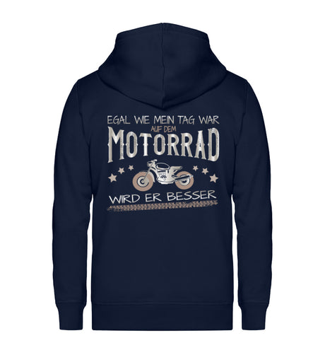 Eine Reißverschluss-Jacke für Motorradfahrer von Wingbikers mit dem Aufdruck, Egal wie mein Tag war, auf dem Motorrad wird er besser, in navy blau.