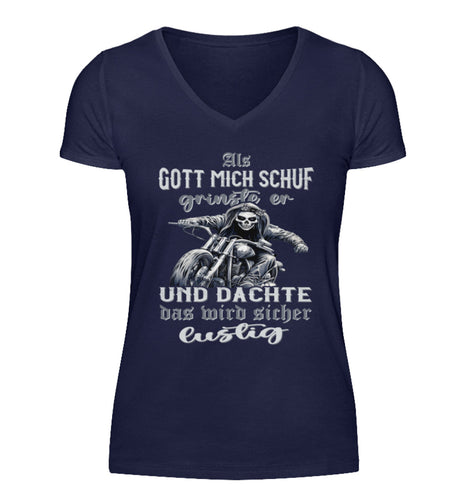 Ein Bikerin T-Shirt mit V-Ausschnitt für Motorradfahrerinnen von Wingbikers mit dem Aufdruck, Als Gott mich schuf grinste er und dachte, das wird sicher lustig - in navy blau.