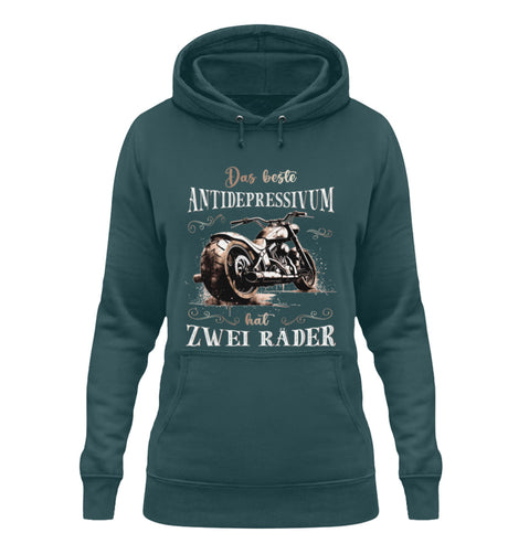 Ein Damen Hoodie für Motorradfahrerinnen von Wingbikers mit dem Aufdruck, Das beste Antidepressivum hat zwei Räder, in petrol türkis.