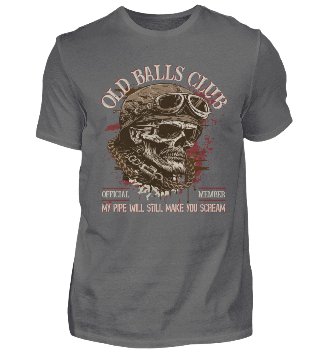 Ein Biker T-Shirt für Motorradfahrer von Wingbikers mit dem Aufdruck, Old Balls Club - My Pipe Will Still Make You Scream, in grau.