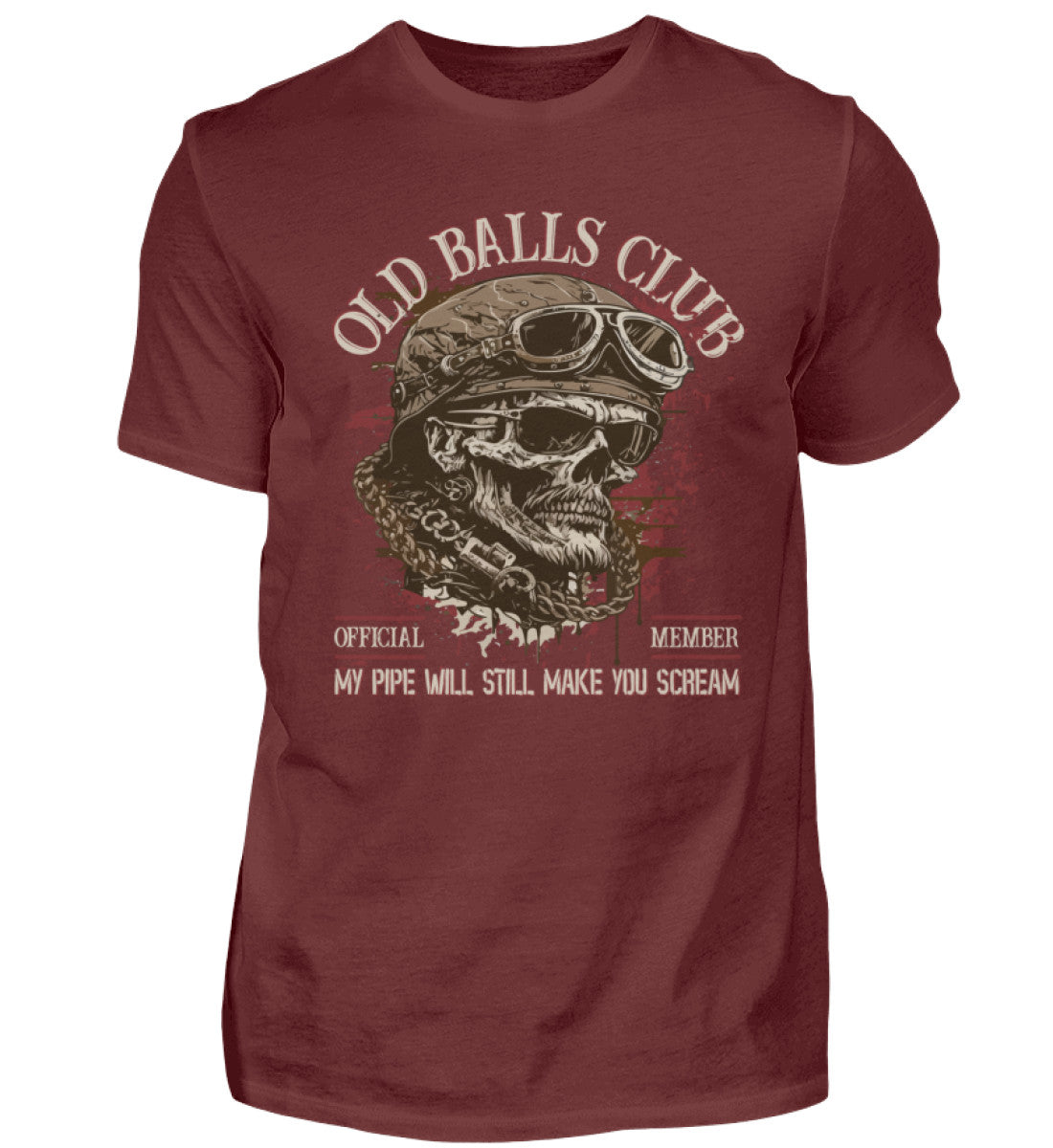 Ein Biker T-Shirt für Motorradfahrer von Wingbikers mit dem Aufdruck, Old Balls Club - My Pipe Will Still Make You Scream, in weinrot.