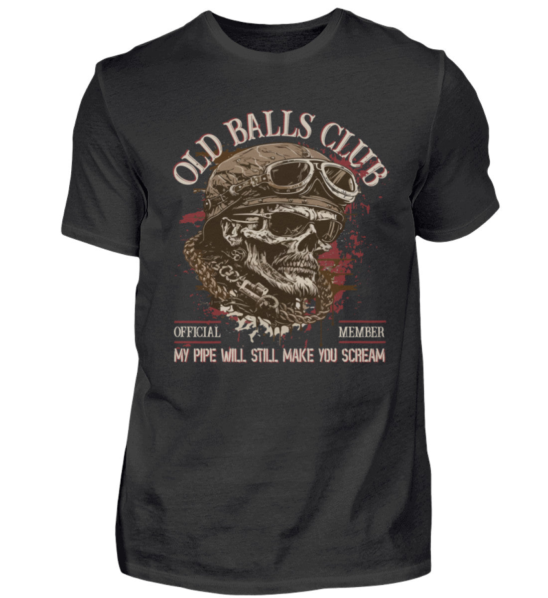 Ein Biker T-Shirt für Motorradfahrer von Wingbikers mit dem Aufdruck, Old Balls Club - My Pipe Will Still Make You Scream, in schwarz.
