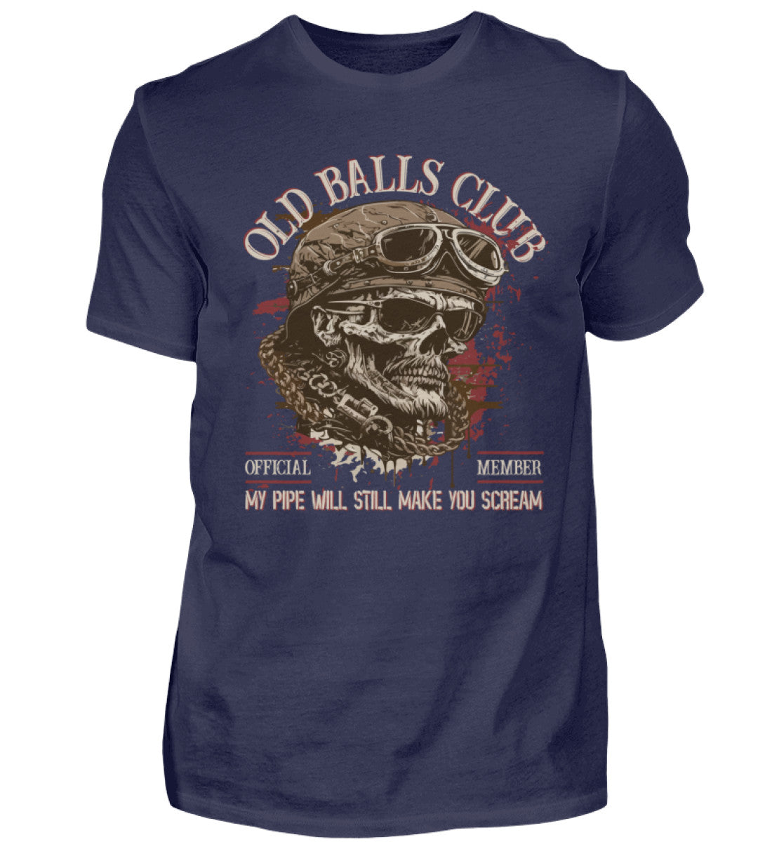 Ein Biker T-Shirt für Motorradfahrer von Wingbikers mit dem Aufdruck, Old Balls Club - My Pipe Will Still Make You Scream, in navy blau.