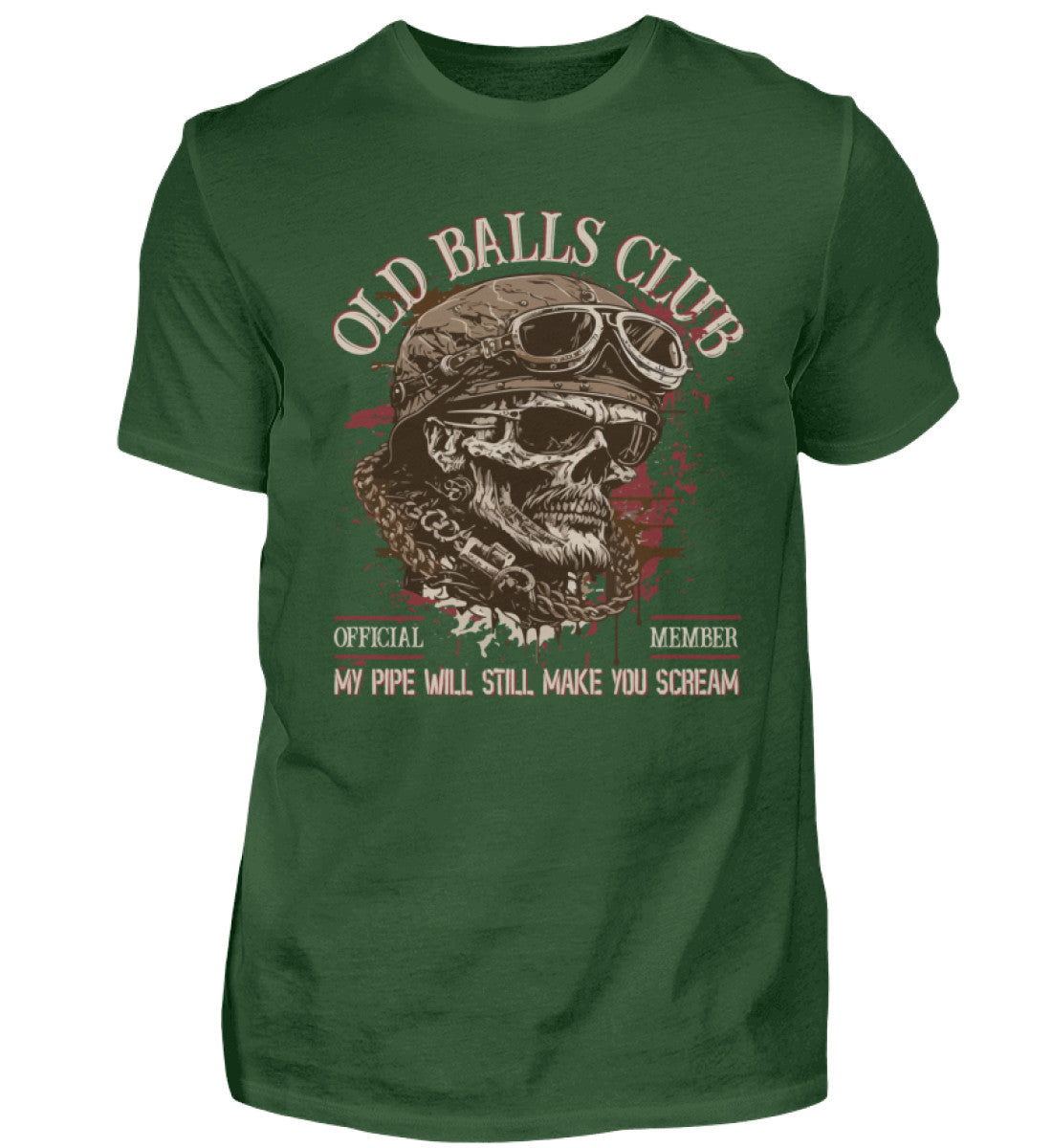 Ein Biker T-Shirt für Motorradfahrer von Wingbikers mit dem Aufdruck, Old Balls Club - My Pipe Will Still Make You Scream, in dunkelgrün.