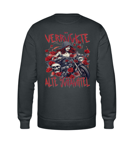 Ein Sweatshirt für Motorradfahrerinnen von Wingbikers mit dem Aufdruck, Verrückte alte Schachtel, als Back Print, in dunkelgrau.