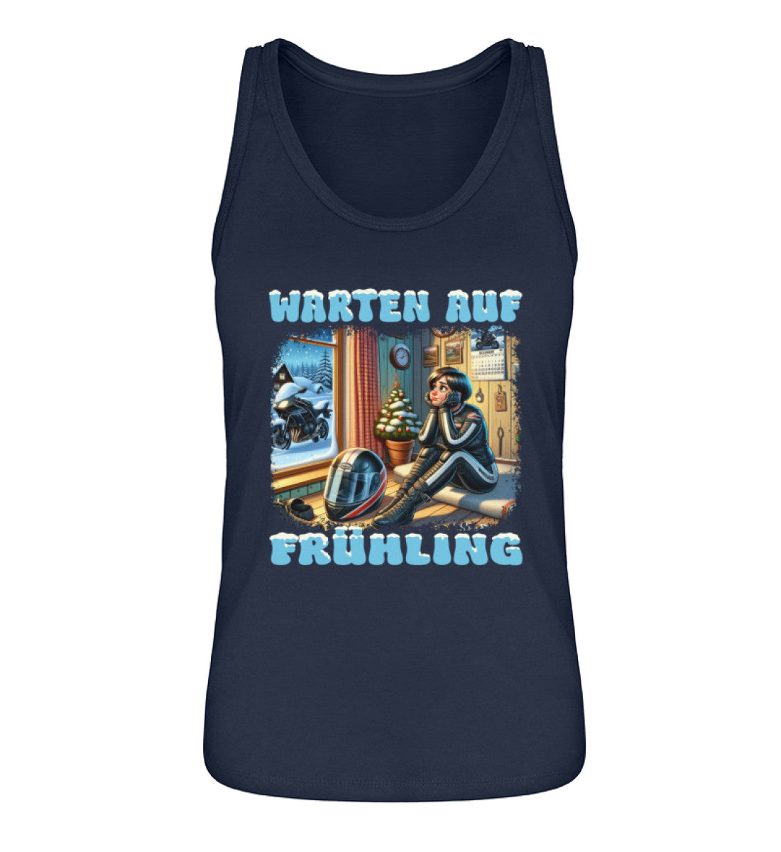 Ein Tanktop für Motorradfahrerinnen von Wingbikers mit dem Aufdruck, Warten auf Frühling, in navy blau.