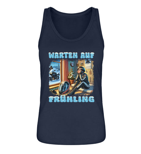 Ein Tanktop für Motorradfahrerinnen von Wingbikers mit dem Aufdruck, Warten auf Frühling, in navy blau.