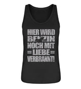 Ein Bikerin Tanktop für Motorradfahrerinnen von Wingbikers mit dem Aufdruck, Hier wird Benzin noch mit Liebe verbrannt - in schwarz.