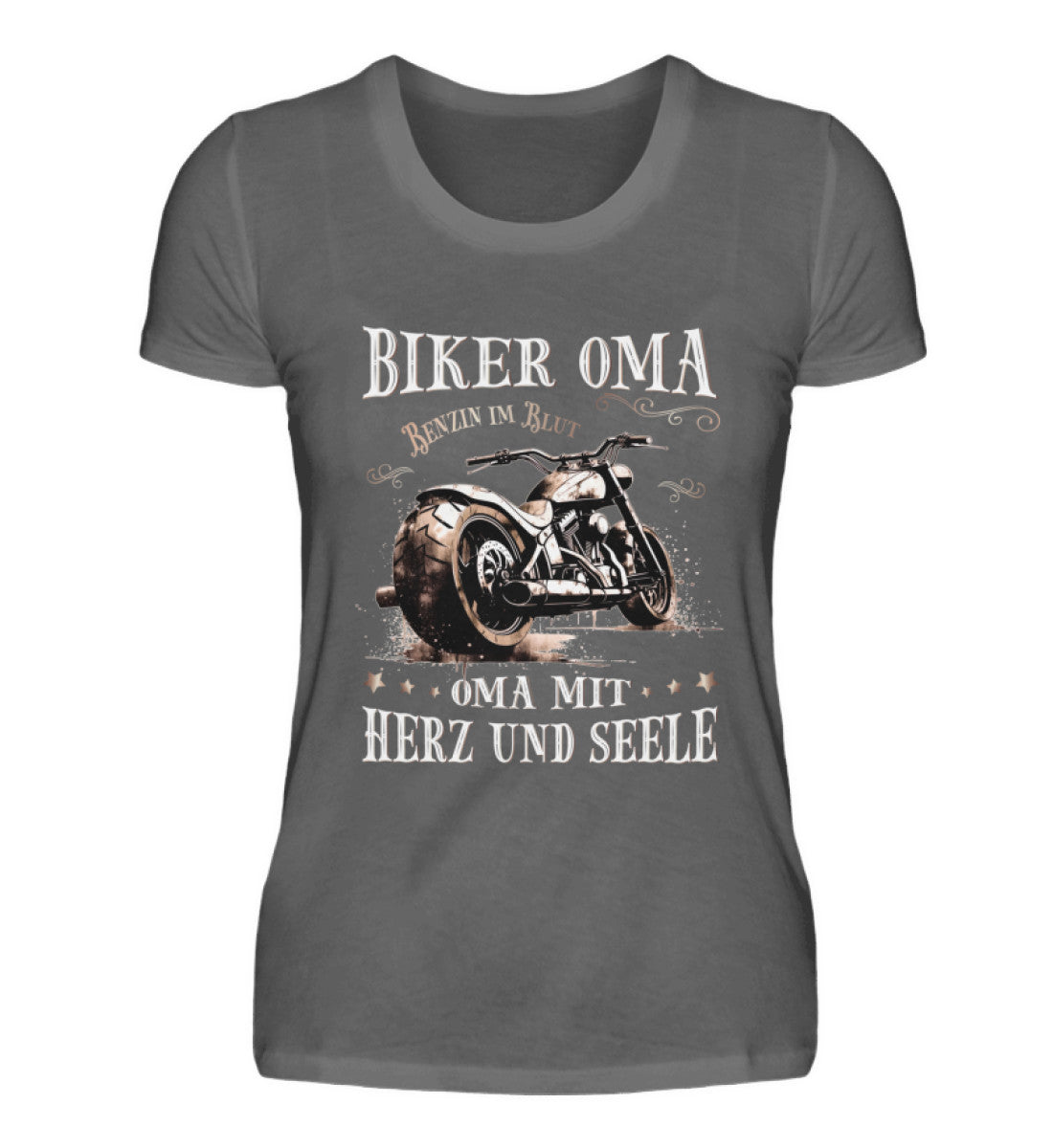 Ein T-Shirt für Motorradfahrerinnen von Wingbikers mit dem Aufdruck, Biker Oma - Benzin im Blut - Oma mit Herz und Seele, in dunkelgrau.