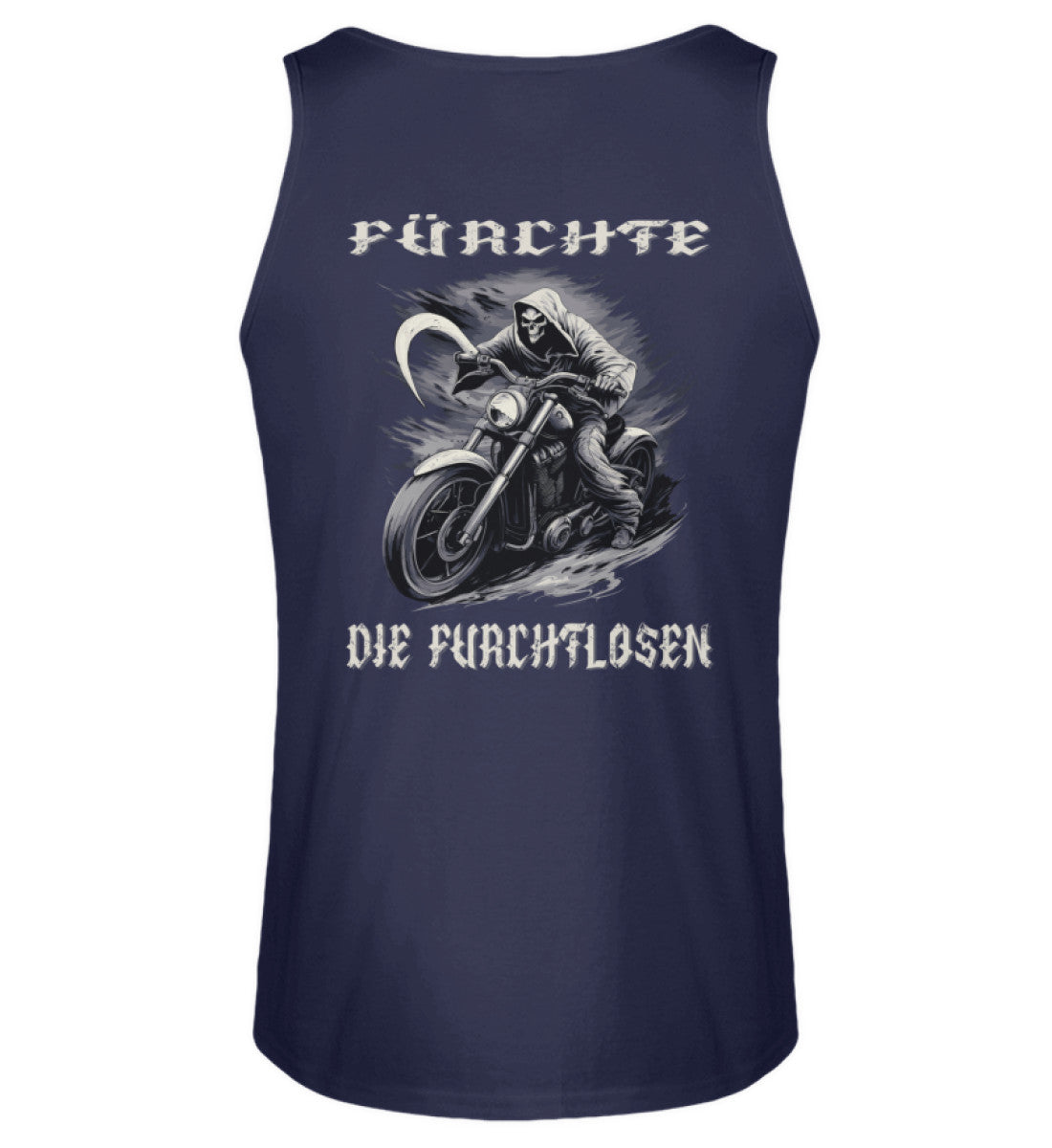 Ein Biker Tanktop für Motorradfahrer von Wingbikers mit dem Aufdruck, Fürchte die Furchtlosen, mit Back Print, in navy blau.