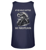 Ein Biker Tanktop für Motorradfahrer von Wingbikers mit dem Aufdruck, Fürchte die Furchtlosen, mit Back Print, in navy blau.