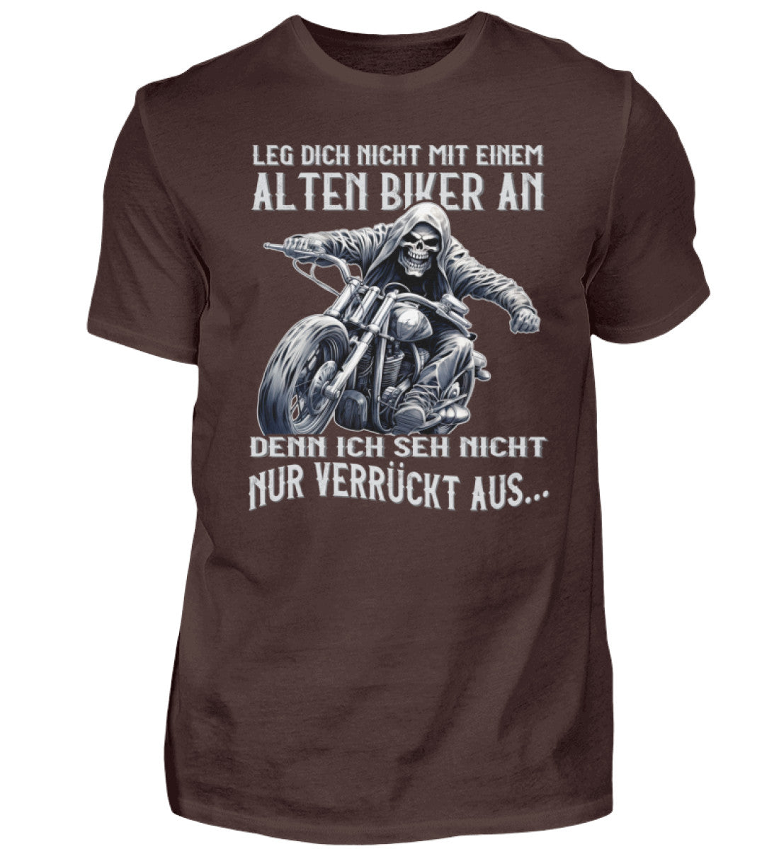 Ein Biker T-Shirt für Motorradfahrer von Wingbikers mit dem Aufdruck, Leg dich nicht mit einem alten Biker an, denn ich seh nicht nur verrückt aus - in braun.