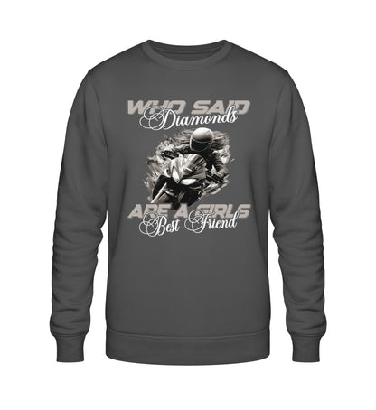 Ein Sweatshirt für Motorradfahrerinnen von Wingbikers mit dem Aufdruck, Who Said Diamonds Are A Girls Best Friend, in dunkelgrau.