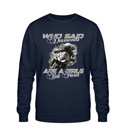 Ein Sweatshirt für Motorradfahrerinnen von Wingbikers mit dem Aufdruck, Who Said Diamonds Are A Girls Best Friend, in navy blau.
