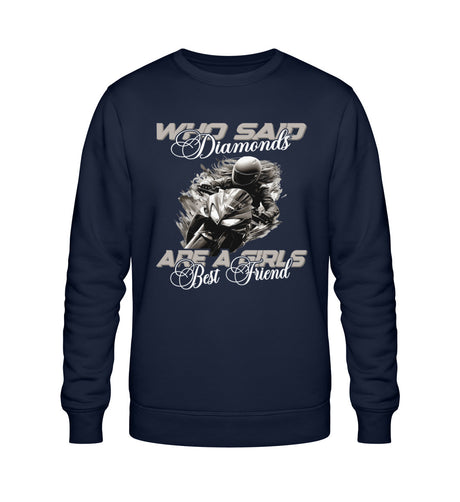 Ein Sweatshirt für Motorradfahrerinnen von Wingbikers mit dem Aufdruck, Who Said Diamonds Are A Girls Best Friend, in navy blau.