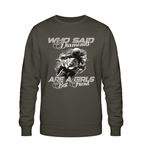 Ein Sweatshirt für Motorradfahrerinnen von Wingbikers mit dem Aufdruck, Who Said Diamonds Are A Girls Best Friend, in khaki grün.