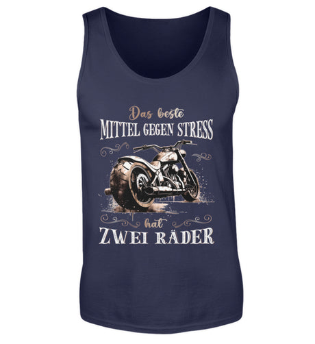 Ein Tanktop für Motorradfahrer von Wingbikers mit dem Aufdruck, Das beste Mittel gegen Stress hat 2 Räder, in navy blau.