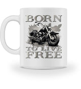 Ein Biker Tasse für Motorradfahrer von Wingbikers mit dem Aufdruck, Born to Live Free, in weiß.