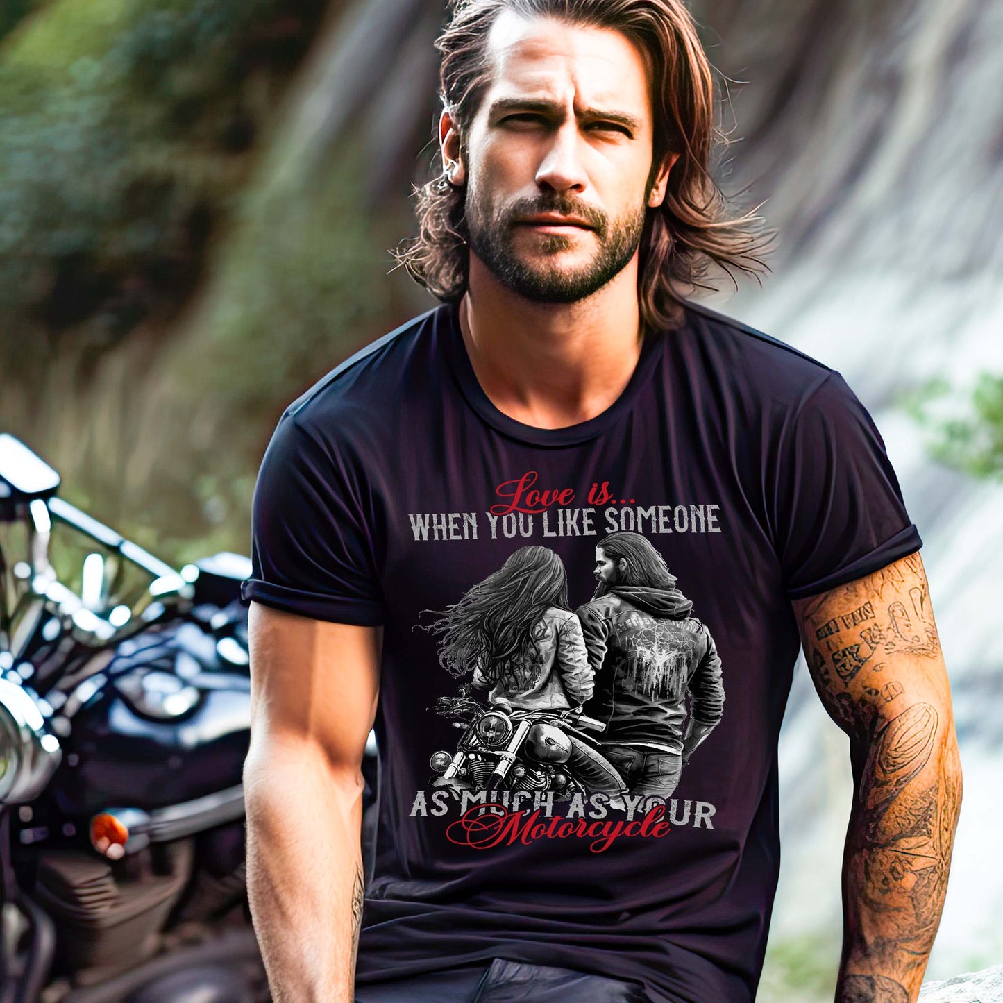Ein Motorradfahrer mit einem T-Shirt von Wingbikers, mit dem Aufdruck, Love is, When You Like Someone As Much As Your Motorcycle, in schwarz.