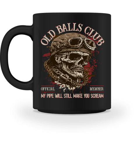 Eine Tasse für Motorradfahrer von Wingbikers, mit dem beidseitigen Aufdruck, Old Balls Club - My Pipe Will Still Make You Scream, in schwarz.