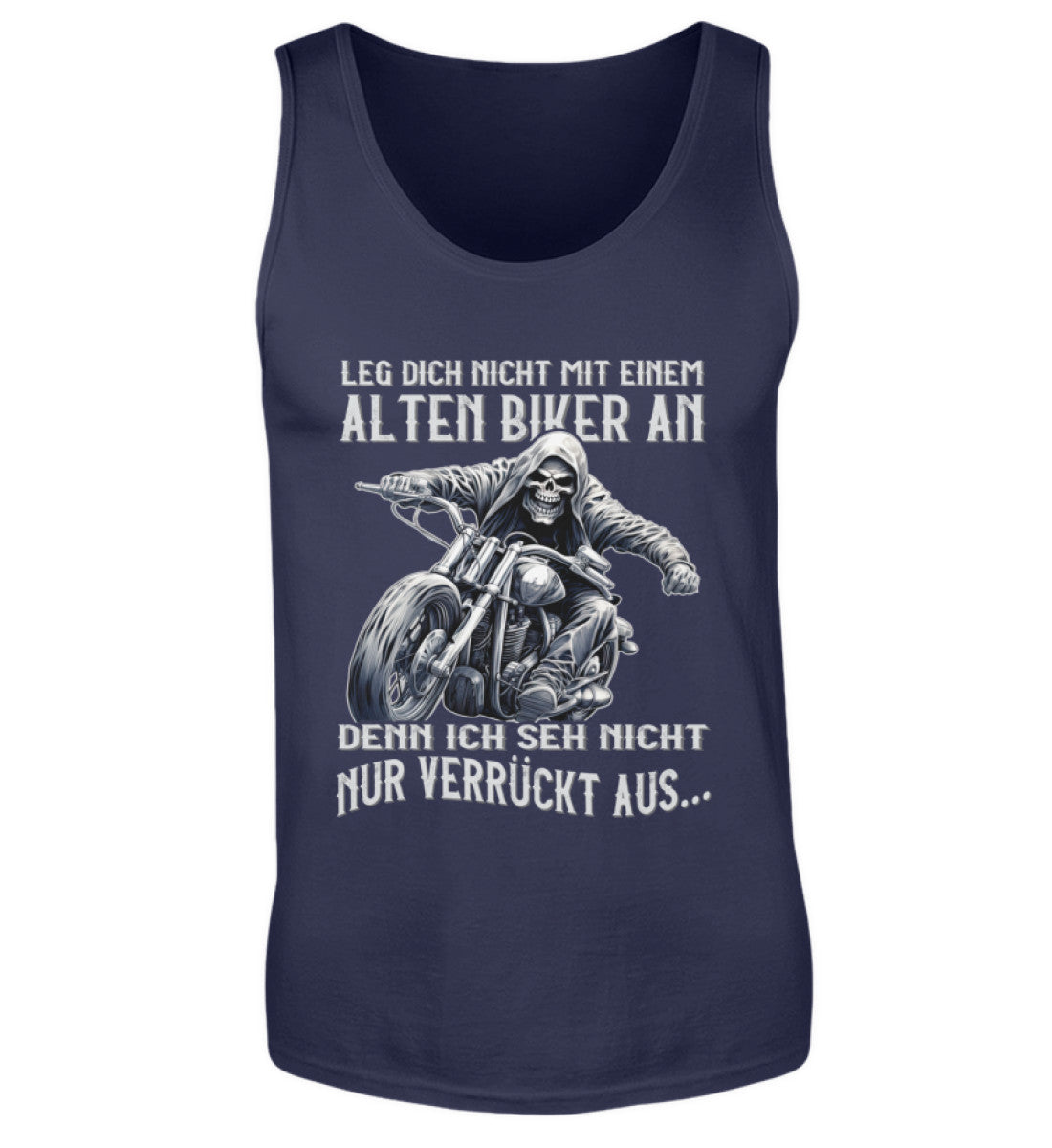 Ein Biker Tanktop für Motorradfahrer von Wingbikers mit dem Aufdruck, Leg dich nicht mit einem alten Biker an, denn ich seh nicht nur verrückt aus - in navy blau.