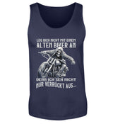 Ein Biker Tanktop für Motorradfahrer von Wingbikers mit dem Aufdruck, Leg dich nicht mit einem alten Biker an, denn ich seh nicht nur verrückt aus - in navy blau.