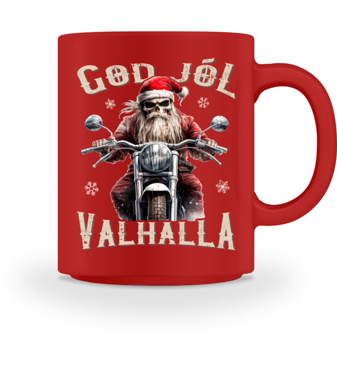 Eine weihnachtliche Tasse für Motorradfahrer von Wingbikers, mit dem beidseitigen Aufdruck, God Jól Valhalla, in rot.