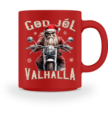 Eine weihnachtliche Tasse für Motorradfahrer von Wingbikers, mit dem beidseitigen Aufdruck, God Jól Valhalla, in rot.