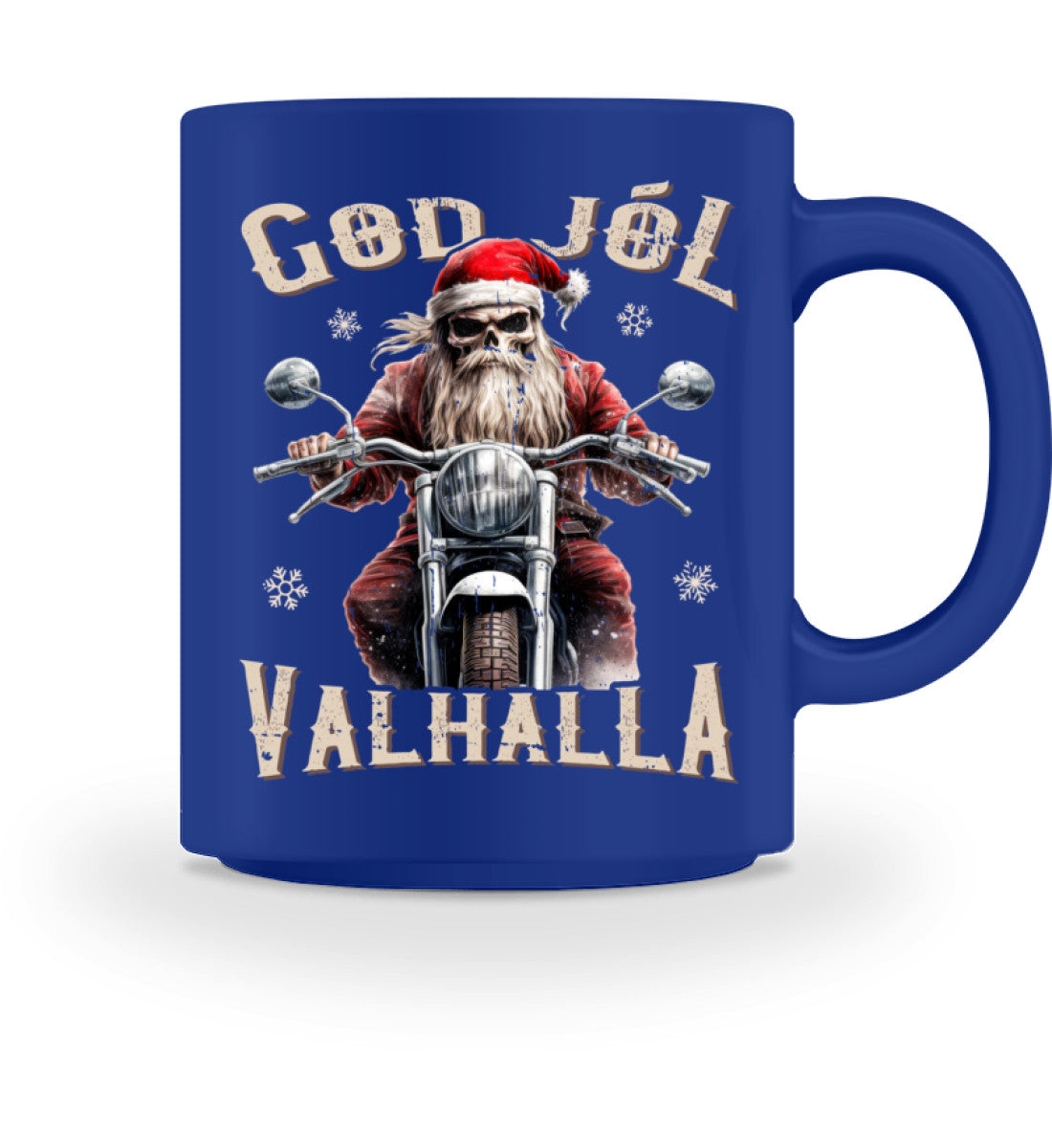 Eine weihnachtliche Tasse für Motorradfahrer von Wingbikers, mit dem beidseitigen Aufdruck, God Jól Valhalla, in royal blau.