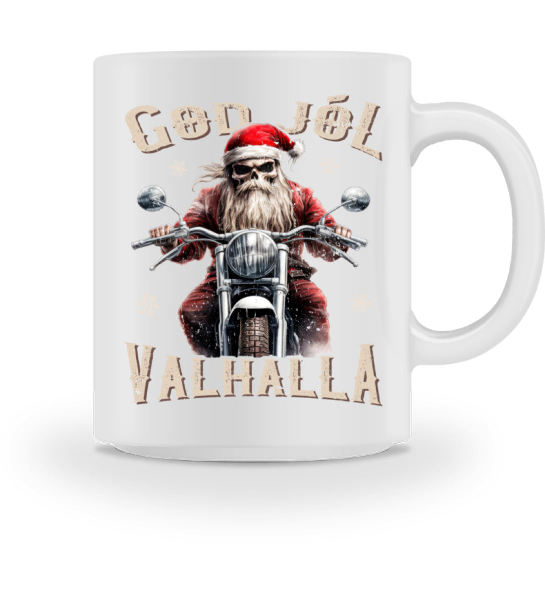 Eine weihnachtliche Tasse für Motorradfahrer von Wingbikers, mit dem beidseitigen Aufdruck, God Jól Valhalla, in weiß.
