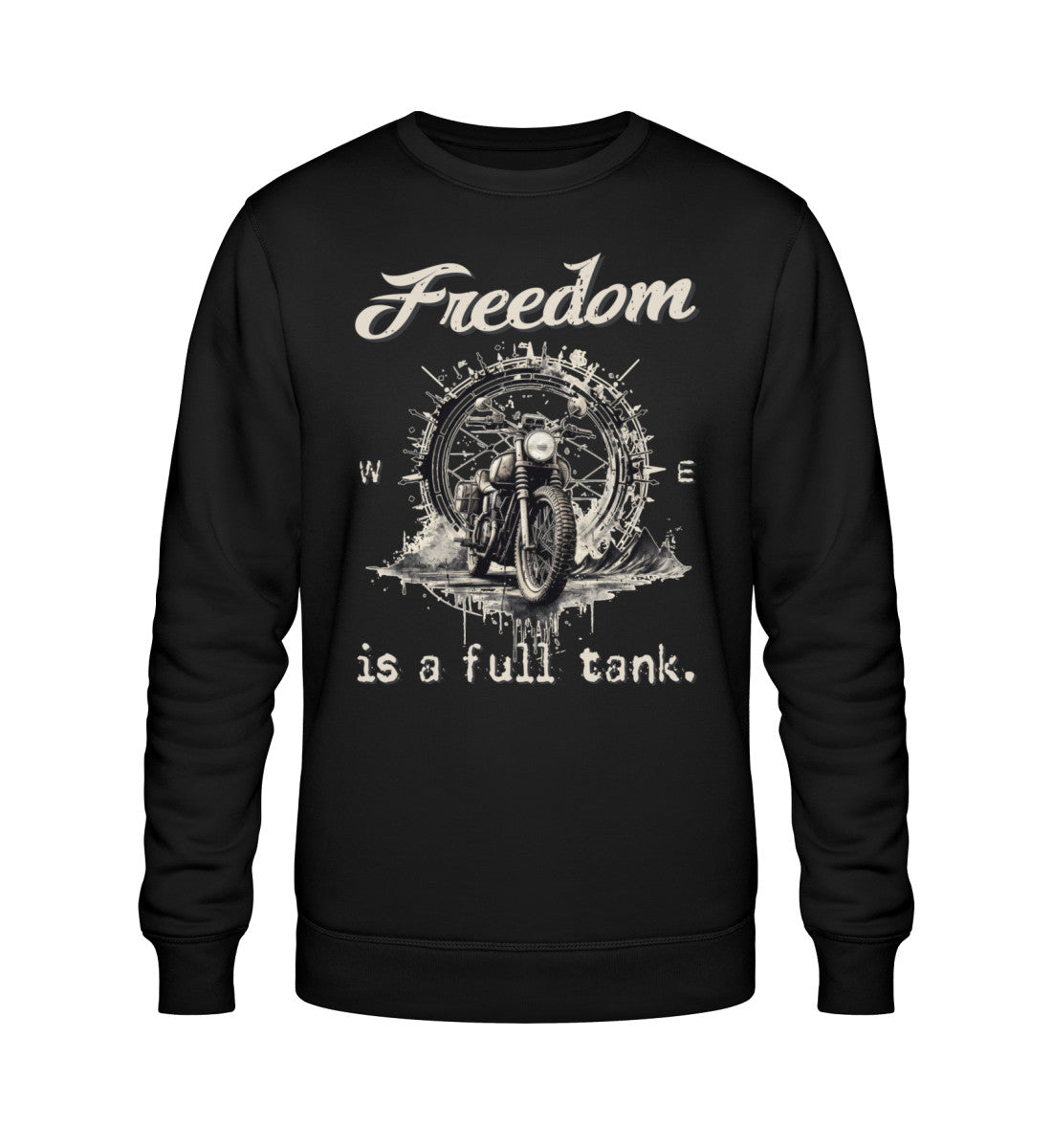 Ein Sweatshirt für Motorradfahrer von Wingbikers mit dem Aufdruck, Freedom Is A Full Tank - Freiheit ist ein voller Tank - mit einem Retro Vintage klassischem Motorrad, in schwarz.