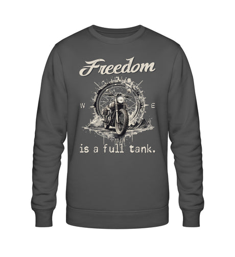 Ein Sweatshirt für Motorradfahrer von Wingbikers mit dem Aufdruck, Freedom Is A Full Tank - Freiheit ist ein voller Tank - mit einem Retro Vintage klassischem Motorrad, in dunkelgrau.