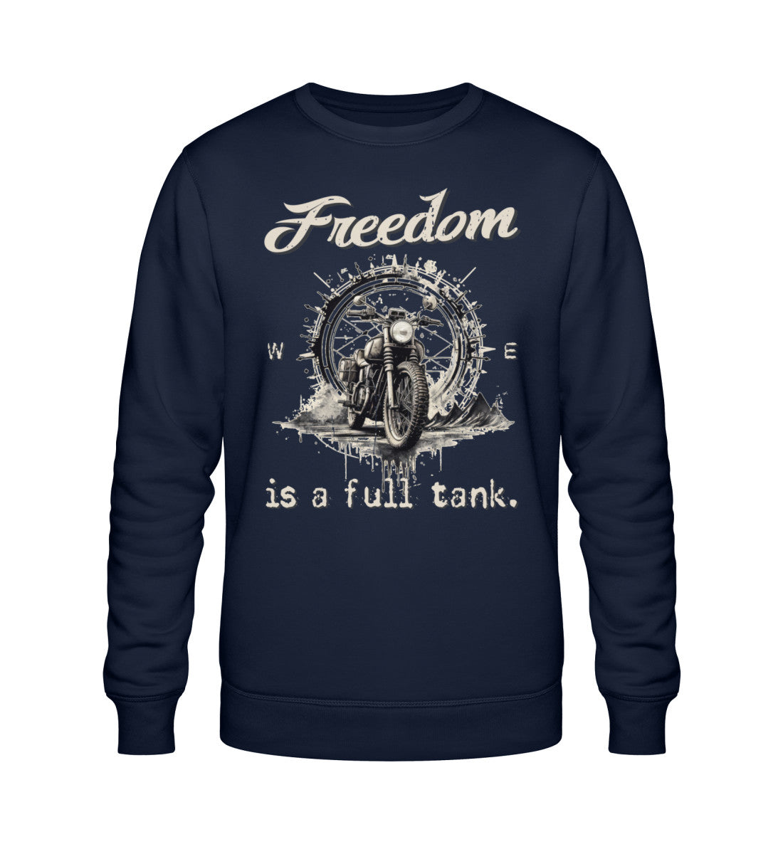 Ein Sweatshirt für Motorradfahrer von Wingbikers mit dem Aufdruck, Freedom Is A Full Tank - Freiheit ist ein voller Tank - mit einem Retro Vintage klassischem Motorrad, in navy blau.