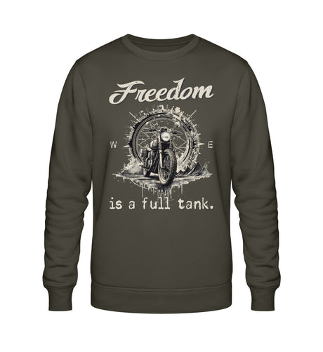 Ein Sweatshirt für Motorradfahrer von Wingbikers mit dem Aufdruck, Freedom Is A Full Tank - Freiheit ist ein voller Tank - mit einem Retro Vintage klassischem Motorrad, in khaki grün.