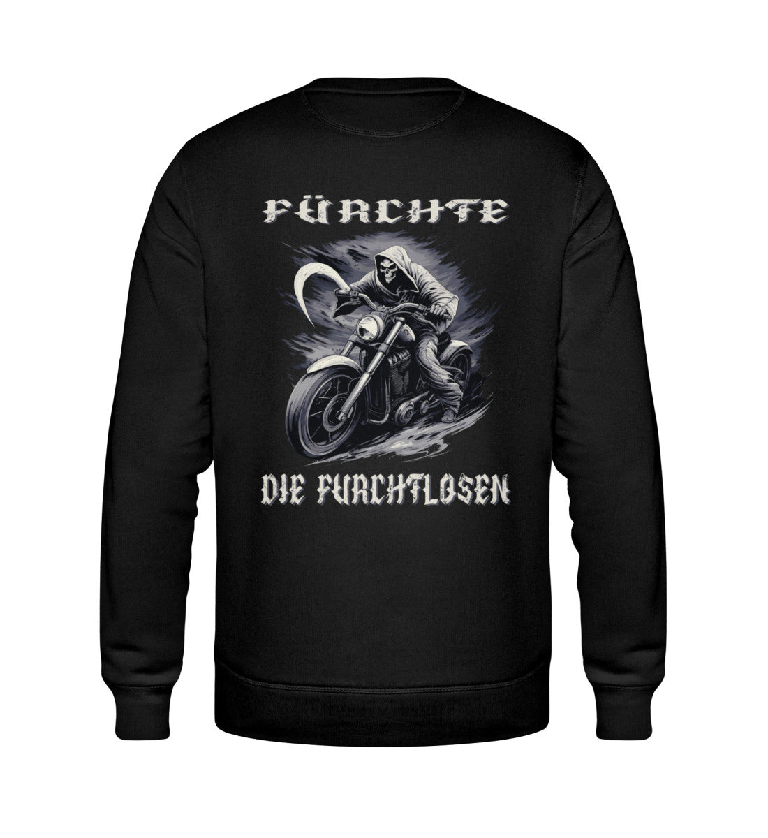 Ein Biker Sweatshirt für Motorradfahrer von Wingbikers mit dem Aufdruck, Sensemann - Fürchte die Furchtlosen, mit Back Print - in schwarz.